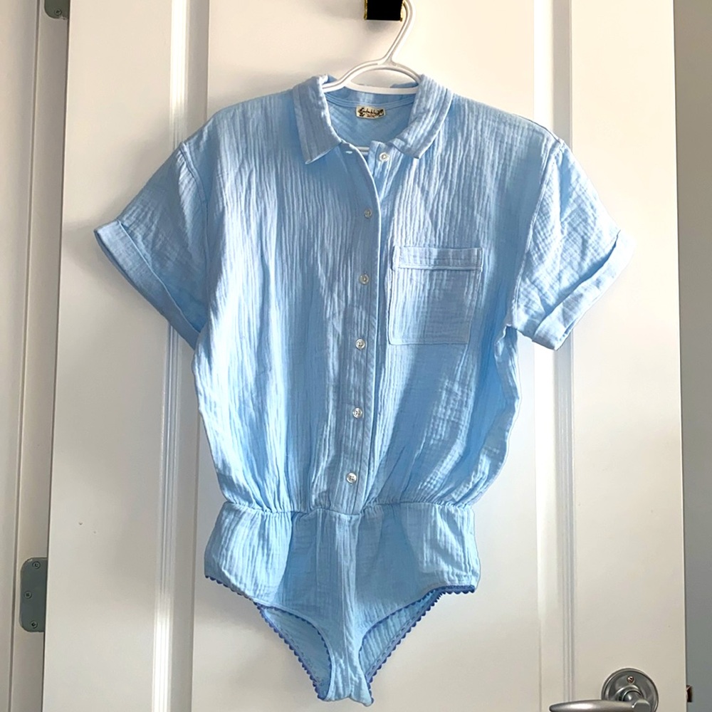 Free People Light Blue Button-Up Cotton Romper Bodysuit